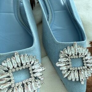 Zara Light Blue Crystal-Embellished Pointed Flats